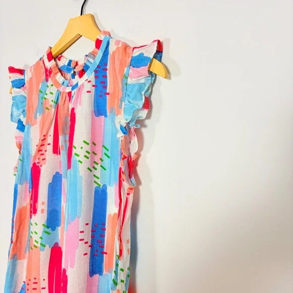 THML‎ Abstract Brushstroke Ruffle Collar Top Women's Medium Multi Color - Picture 3 of 6
